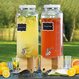 2 Pcs 2 Gallon Drinks Dispensers with Metal Handles & Bamboo Stands & Spigots