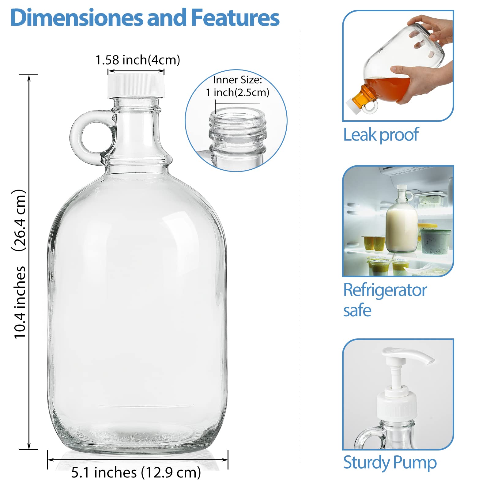 2 Pcs 64 oz Pump Dispenser Bottles(With 4 Pumps and 2 Airtight Lids)