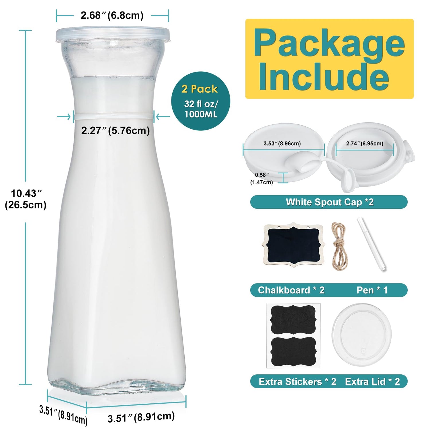 35 Oz Square Glass Carafe with 4 Lids and 2 Silicone Pour Spouts