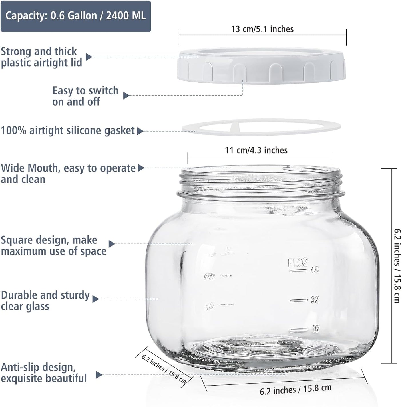 2 Pcs 0.6 Gallon Square Wide Mouth Glass Jars with Airtight Lids