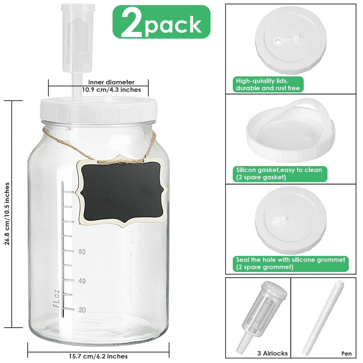 2 Pcs 1 Gallon Large Fermentation Jars with 3 Airlocks and 2 Screw Lids