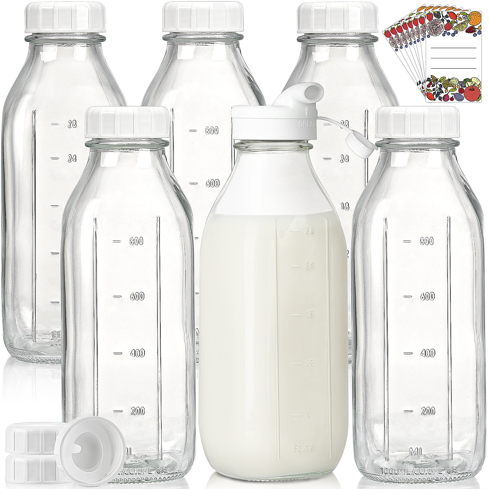 Syntic 32oz Reusable Glass Jars Milk Bottle With Lid and Pourer (Set of6)