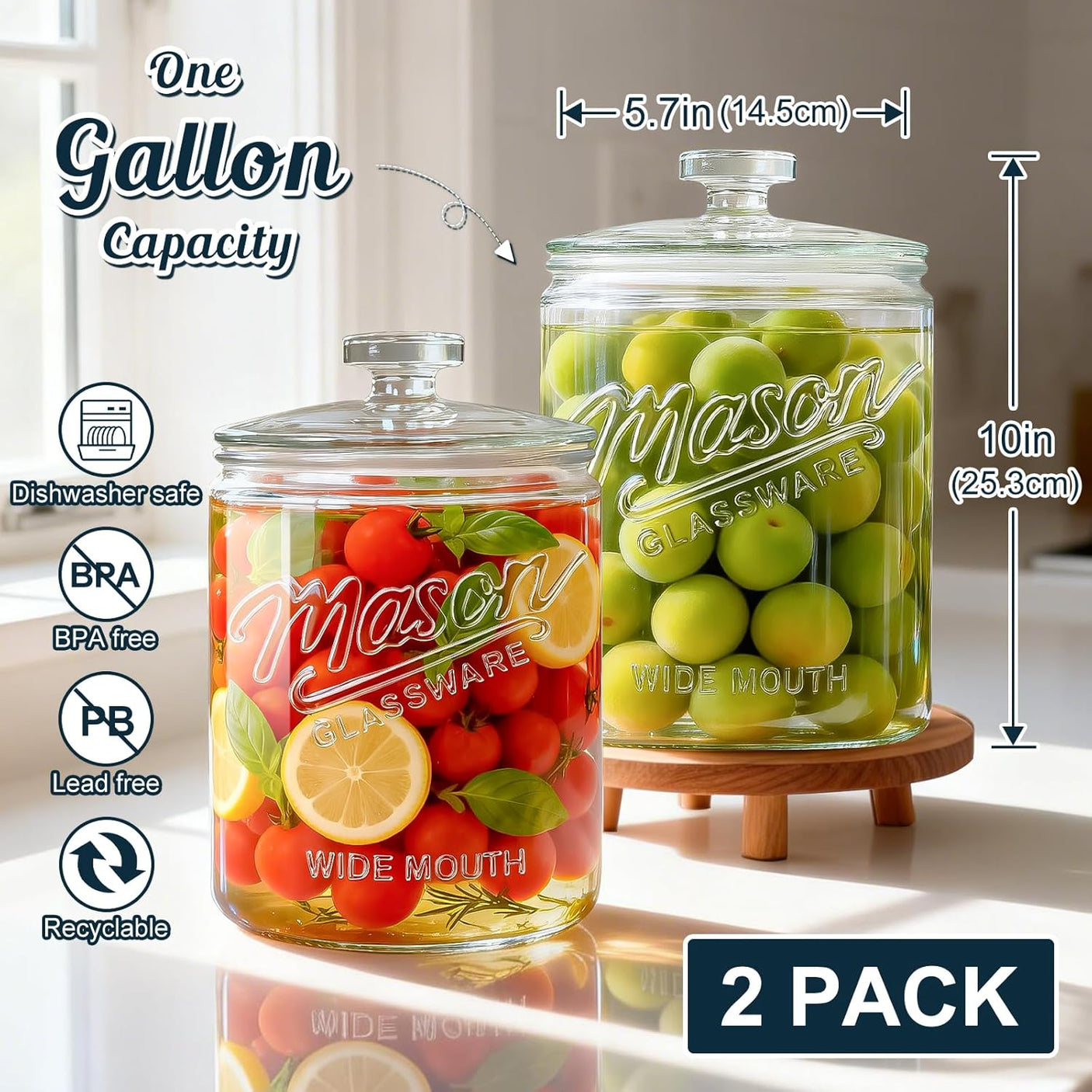 2 Pc 1 Gallon Cylindrical Glass Mason Jar with Glass Lid