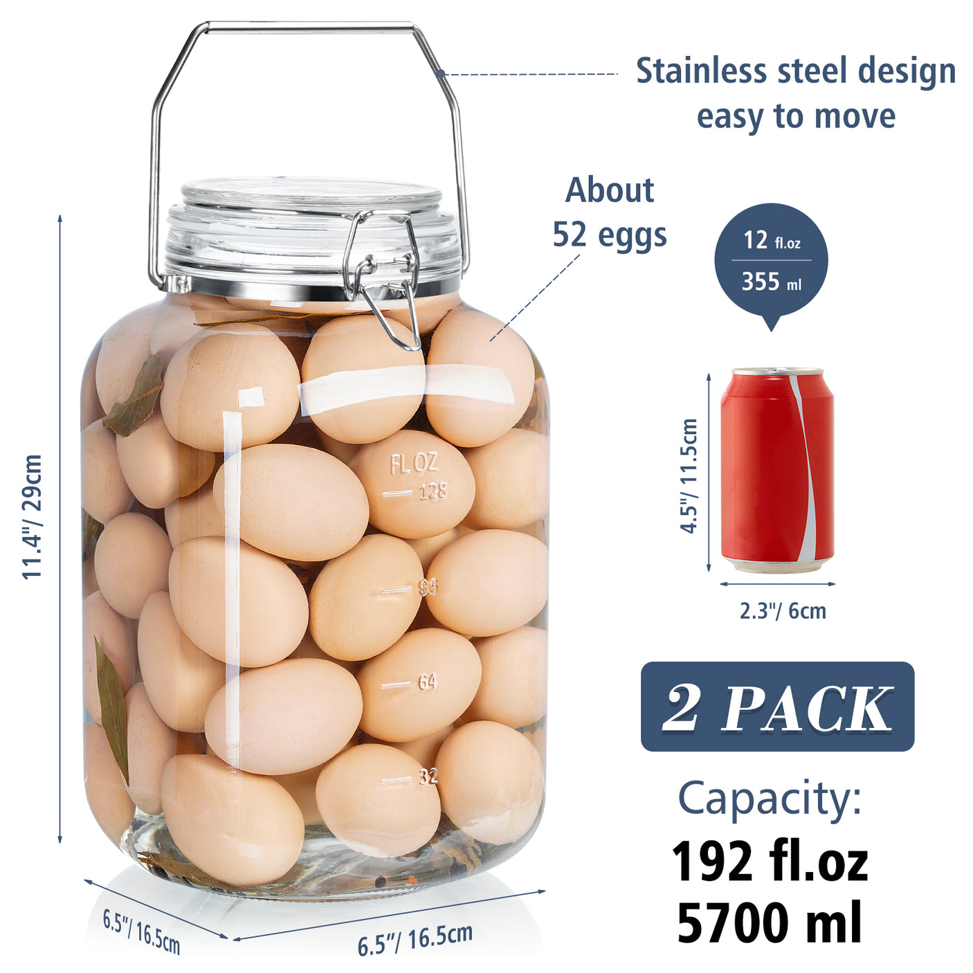 2 Pc 1.5 Gallon Glass Jars with 100% Airtight Clipped Glass Lid