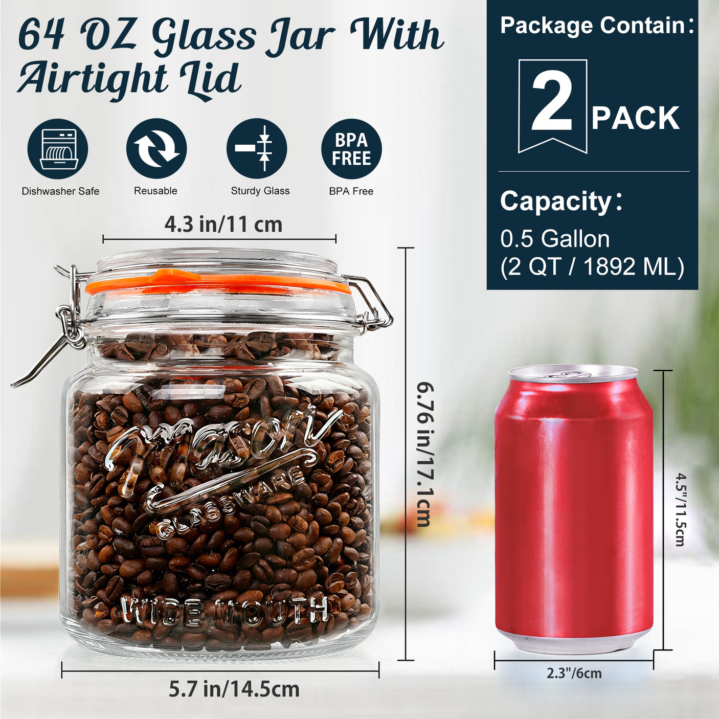2 Pc 0.5 Gallon Mason Jar with Airtight Glass Lid
