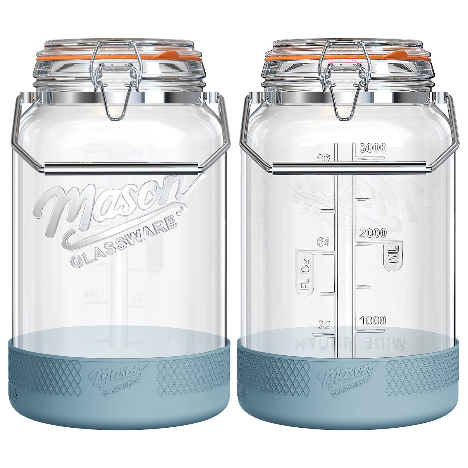 2 Pc 1 Gallon Glass Mason Jar with Blue Silicone Anti-slip Cover & Airtight Glass Lid, Steel Removable Handle