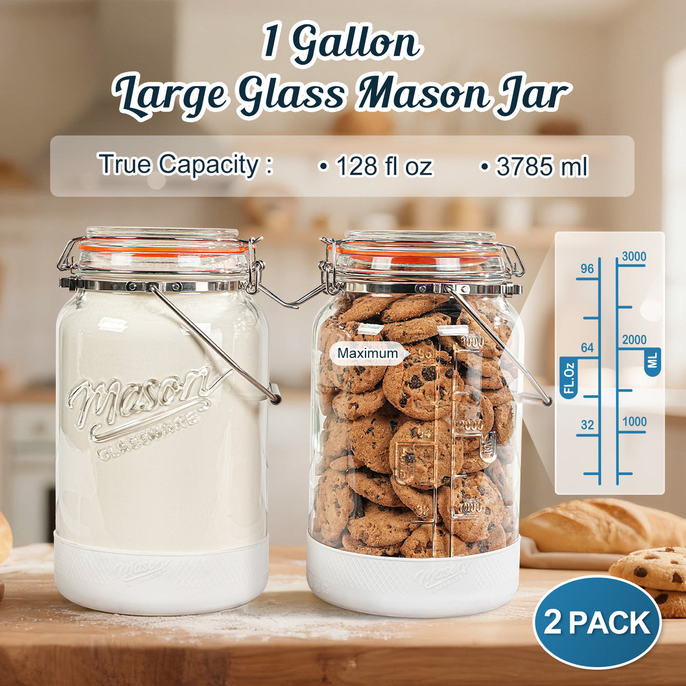 2 Pc 1 Gallon Glass Mason Jar with Silicone Anti-slip Cover & Airtight Glass Lid, Steel Removable Handle