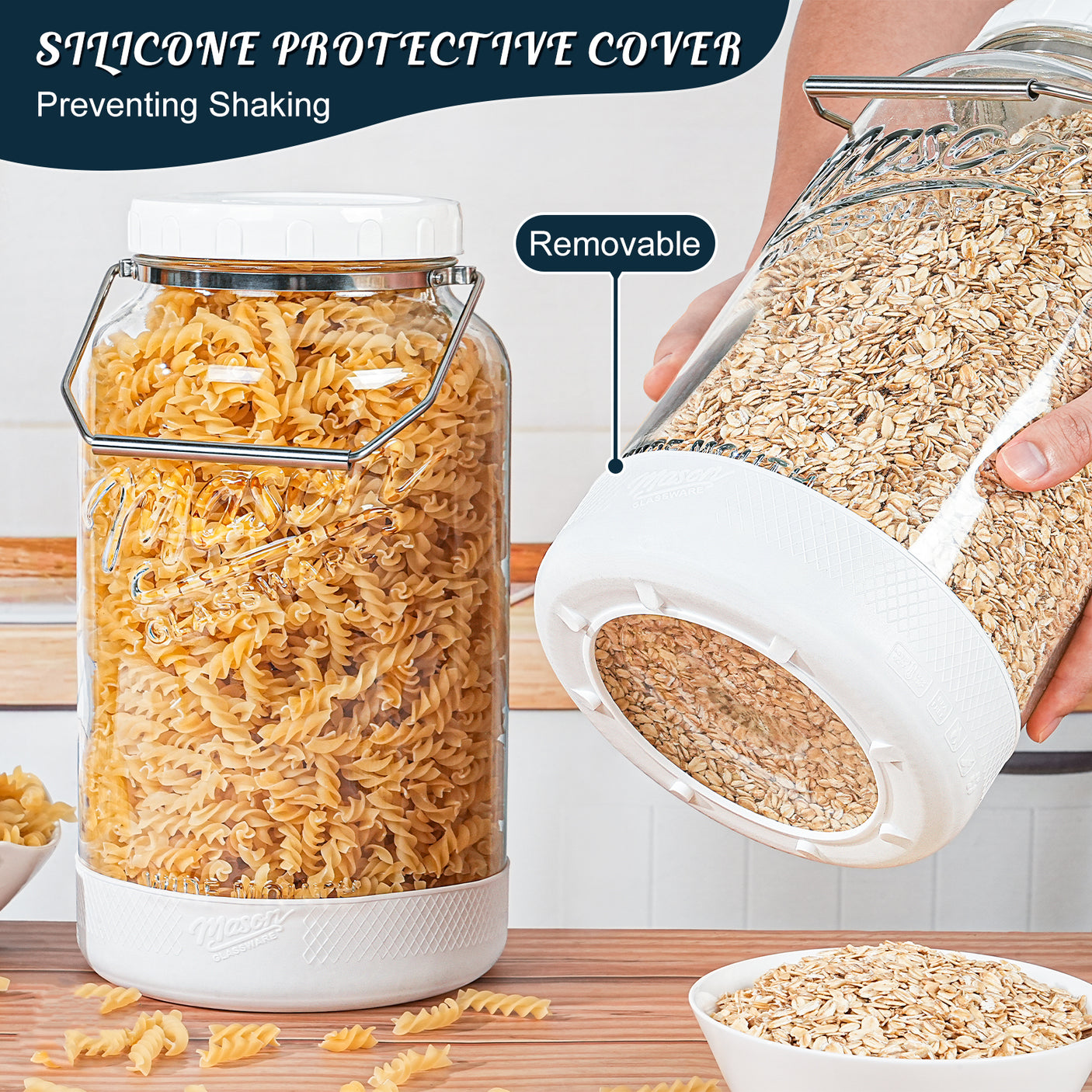 2 Pc 1.5 Gallon Storage Mason Jar with Silicone Anti-slip Cover & Airtight Lid, Steel Removable Handle