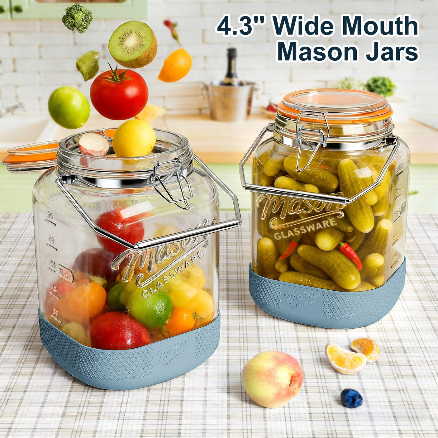 2 Pc 1 Gallon Glass Mason Jar with Silicone Anti-slip Cover & Airtight Glass Lid, Steel Removable Handle