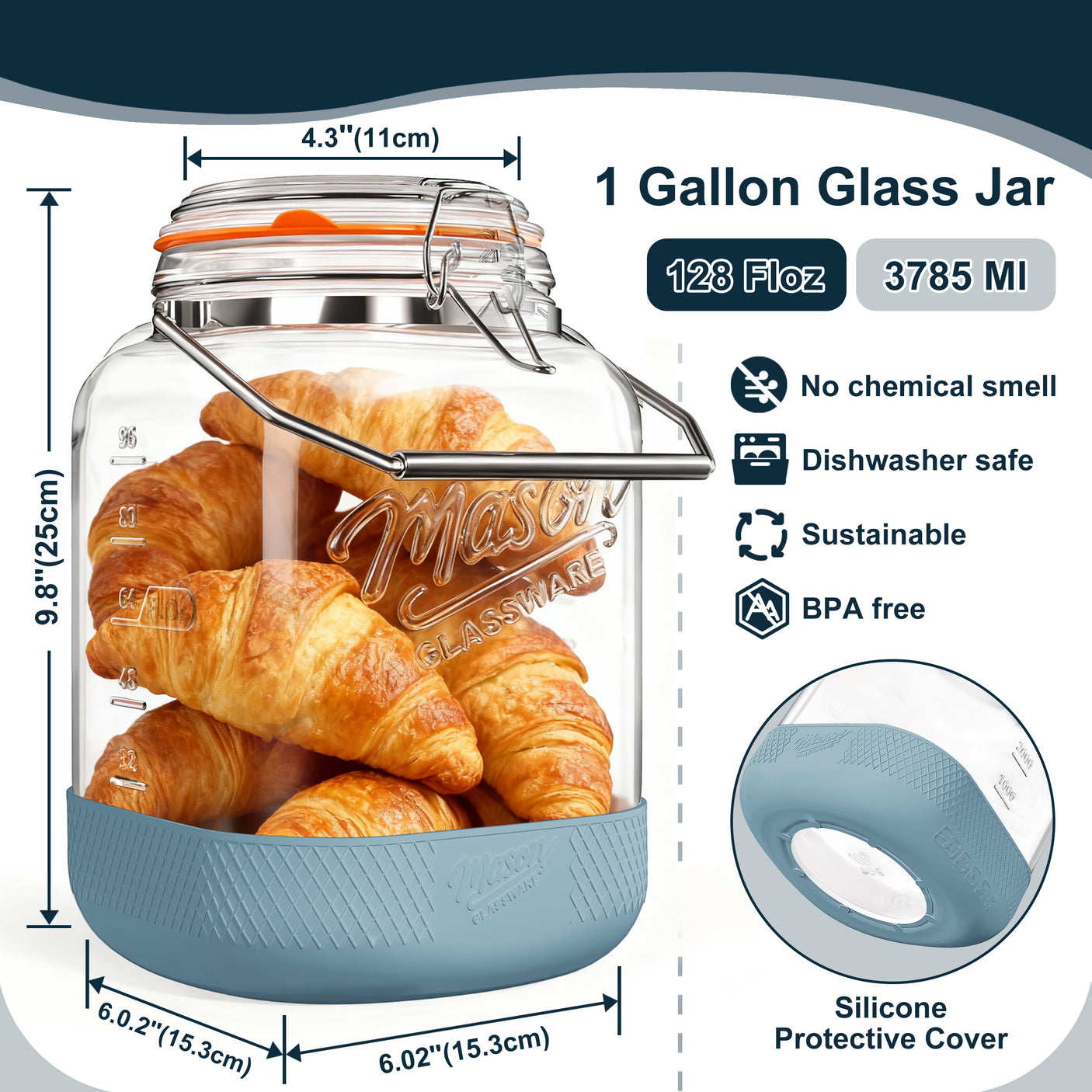 2 Pc 1 Gallon Glass Mason Jar with Silicone Anti-slip Cover & Airtight Glass Lid, Steel Removable Handle