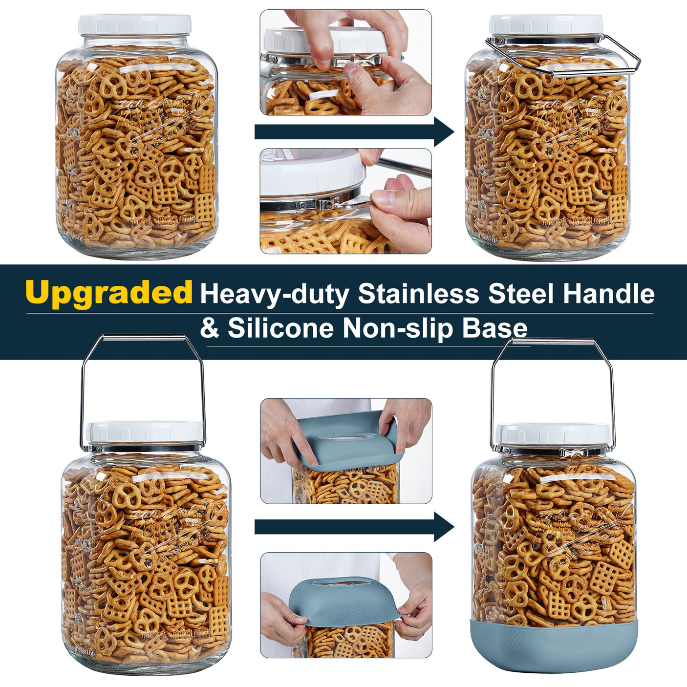 2 Pc 1.5 Gallon Square Mason Jar with Silicone Anti-slip Cover & Airtight Lid, Steel Removable Handle