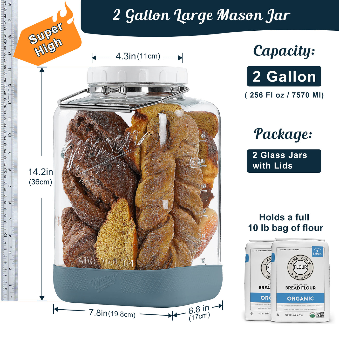 2 Pc 2 Gallon Storage Mason Jar with Silicone Anti-slip Cover & Airtight Lid, Steel Removable Handle