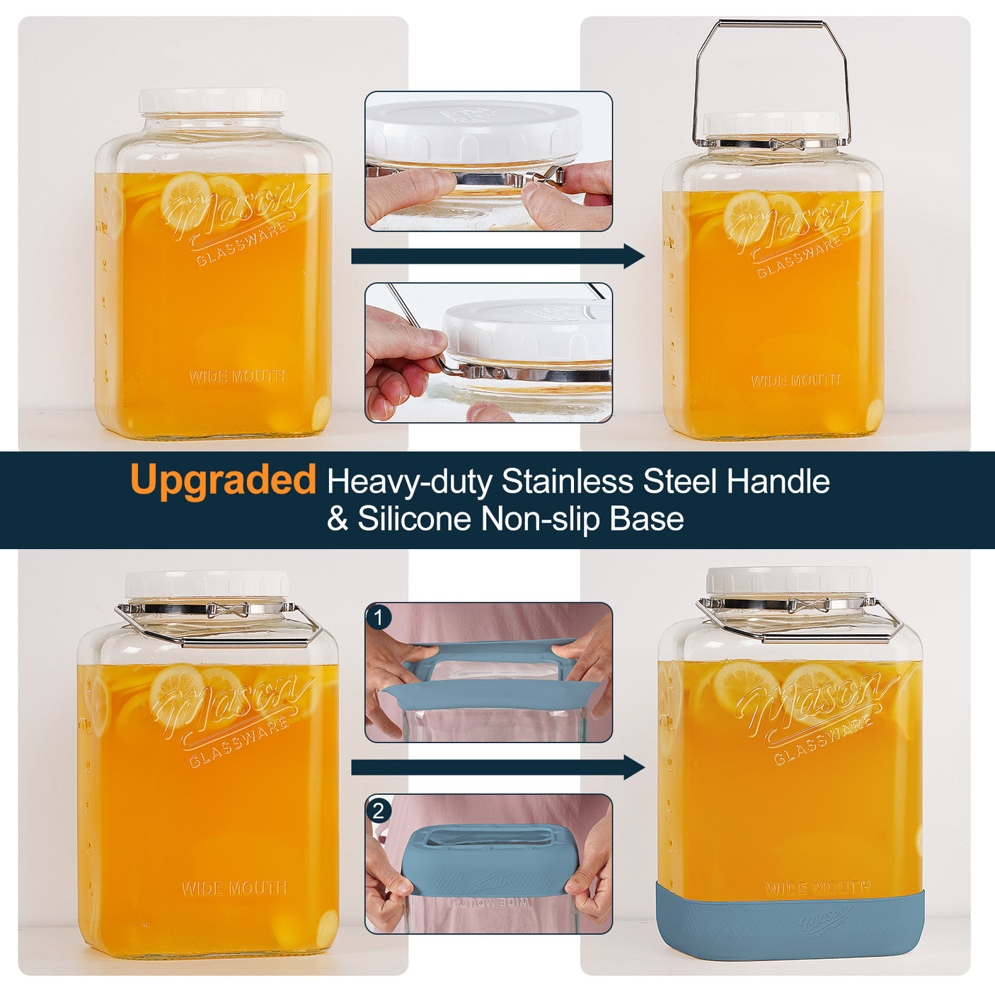 2 Pc 2 Gallon Storage Mason Jar with Silicone Anti-slip Cover & Airtight Lid, Steel Removable Handle