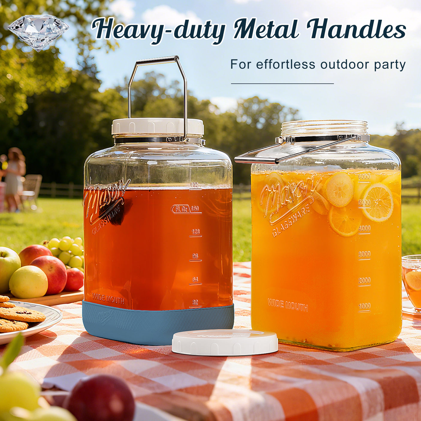 2 Pc 2 Gallon Storage Mason Jar with Silicone Anti-slip Cover & Airtight Lid, Steel Removable Handle