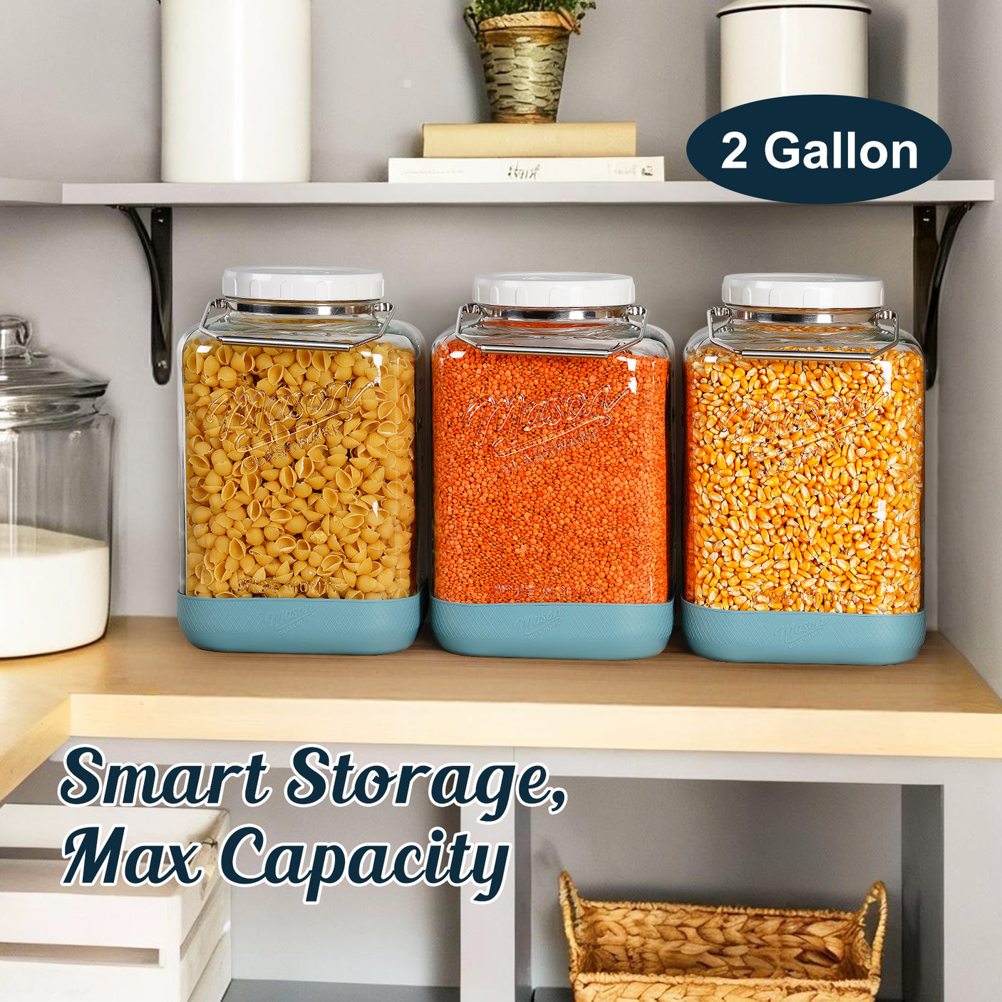 2 Pc 2 Gallon Storage Mason Jar with Silicone Anti-slip Cover & Airtight Lid, Steel Removable Handle