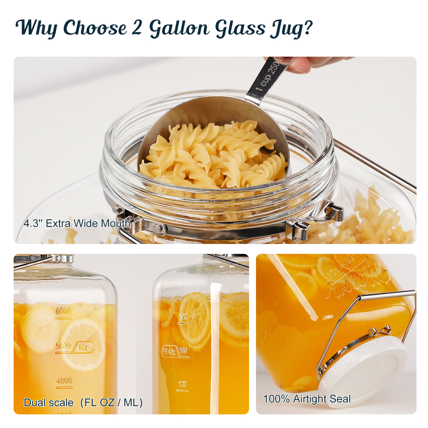 2 Pc 2 Gallon Storage Mason Jar with Silicone Anti-slip Cover & Airtight Lid, Steel Removable Handle