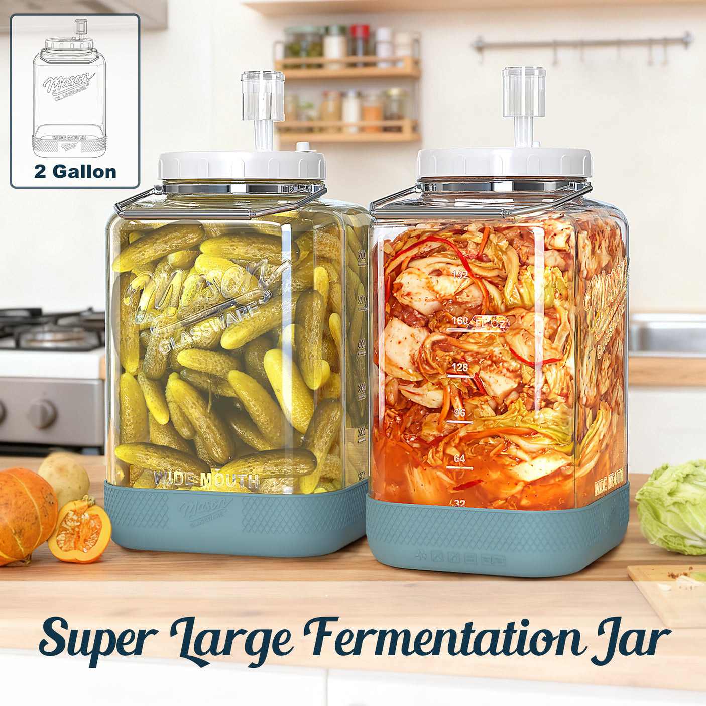2 Pc 2 Gallon Fermentation Mason Jar with Blue Silicone Anti-slip Cover & Airlocks, Steel Removable Handle