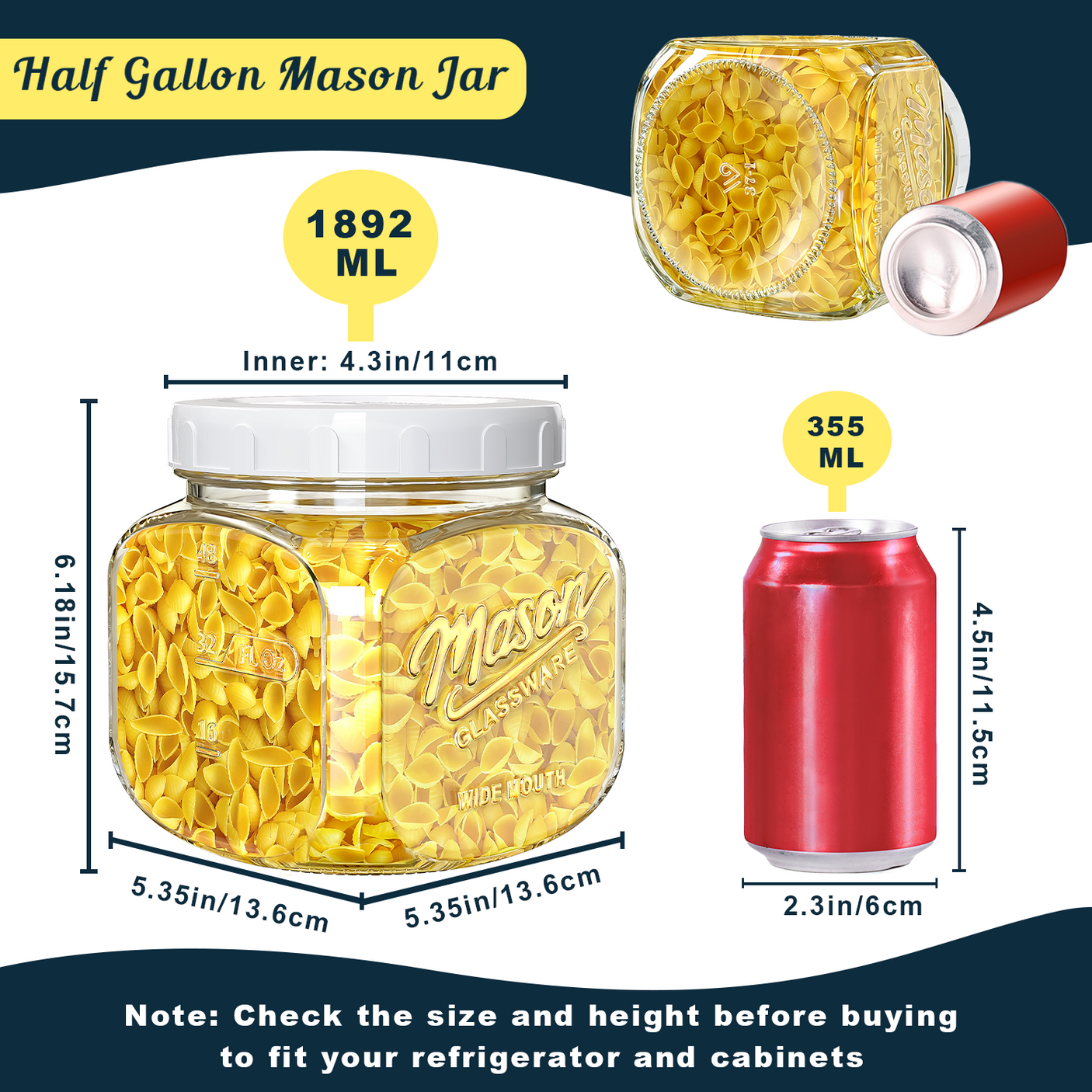 2 Pc 0.5 Gallon Square Mason Jar with Airtight Screw Lid