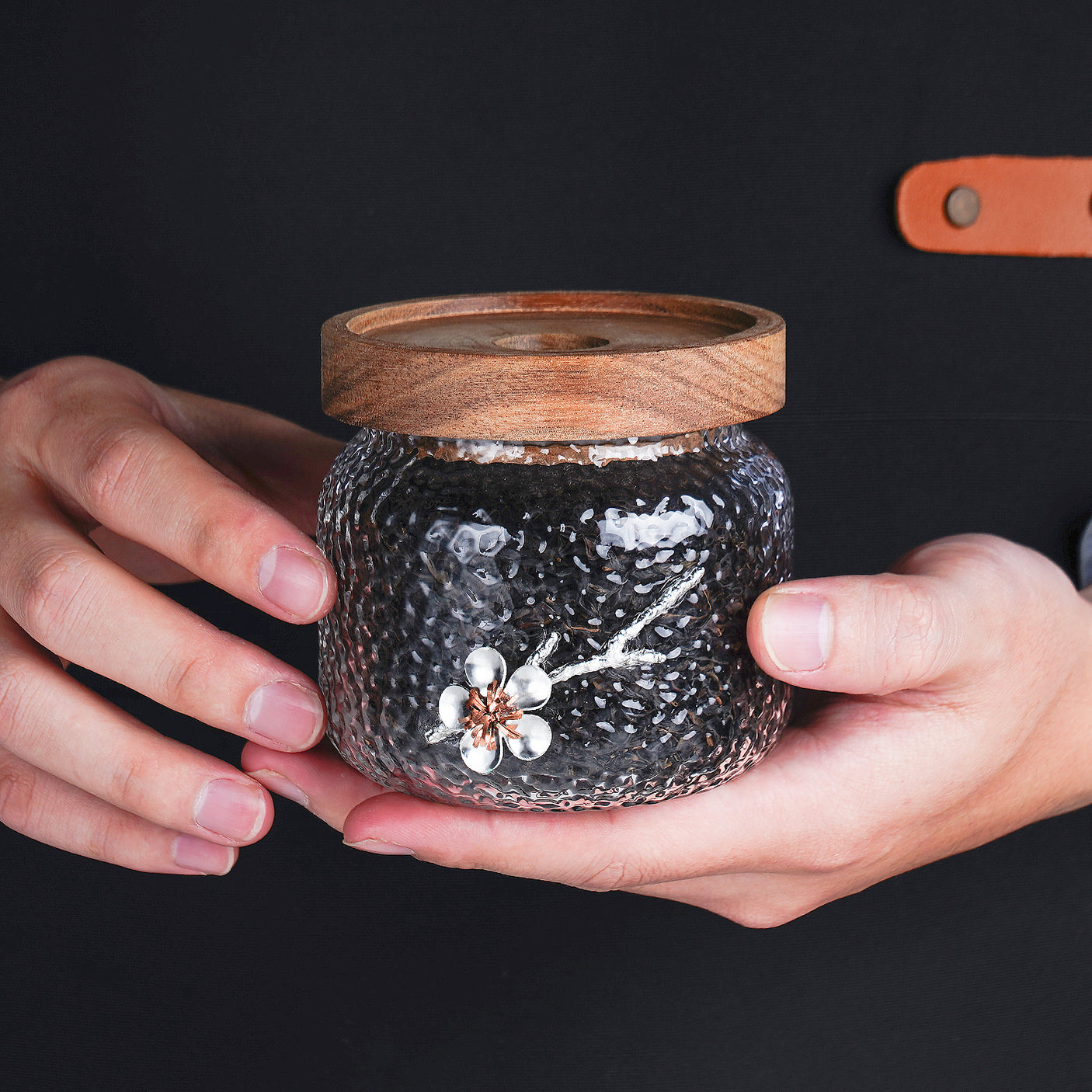 Handmade Plum Flower Glass Jar with Wooden Lid