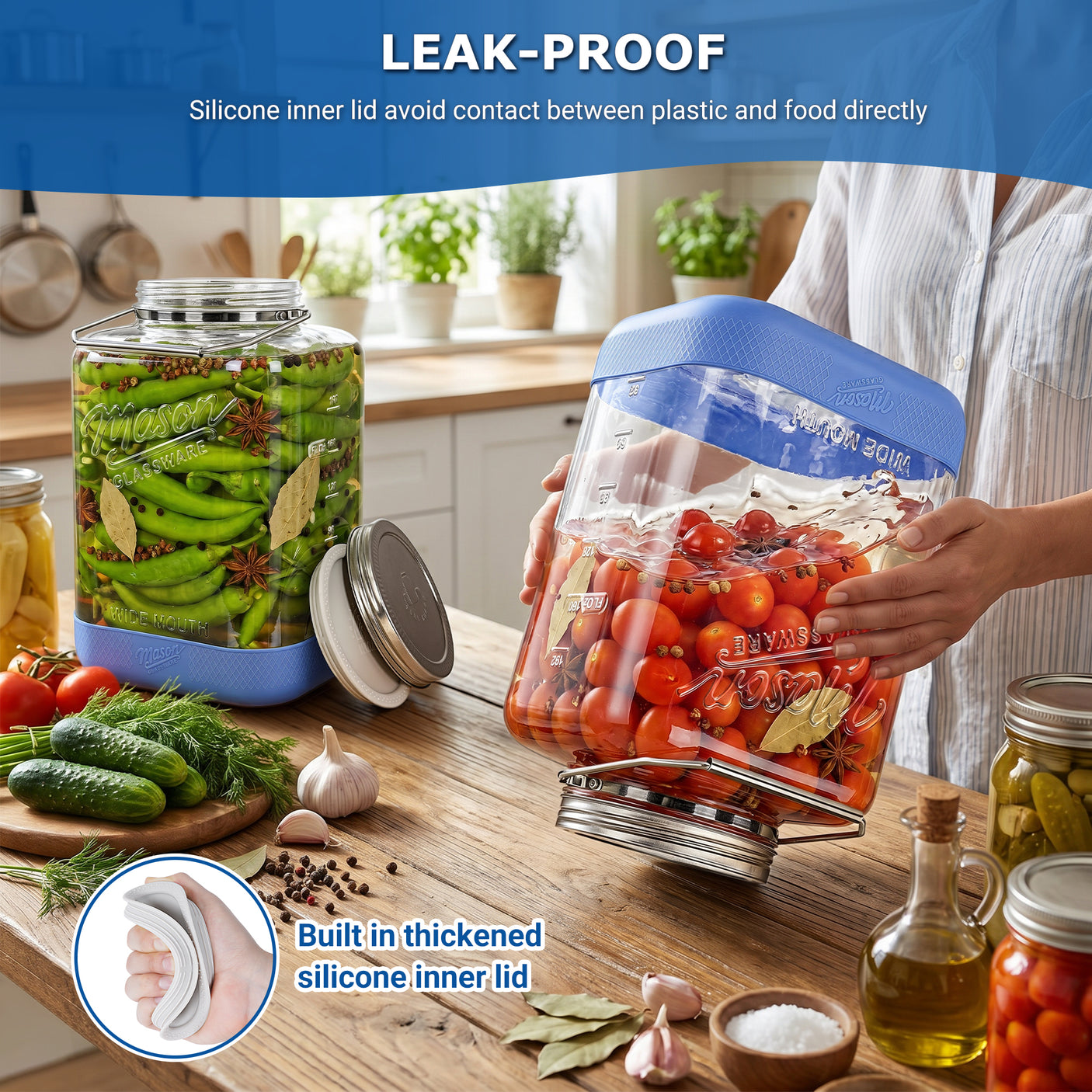 2 Pc 2 Gallon Storage Glass Jar with Dual-Layer Airtight Metal Lid, Non-slip Silicone Sleeve & Removable Handle