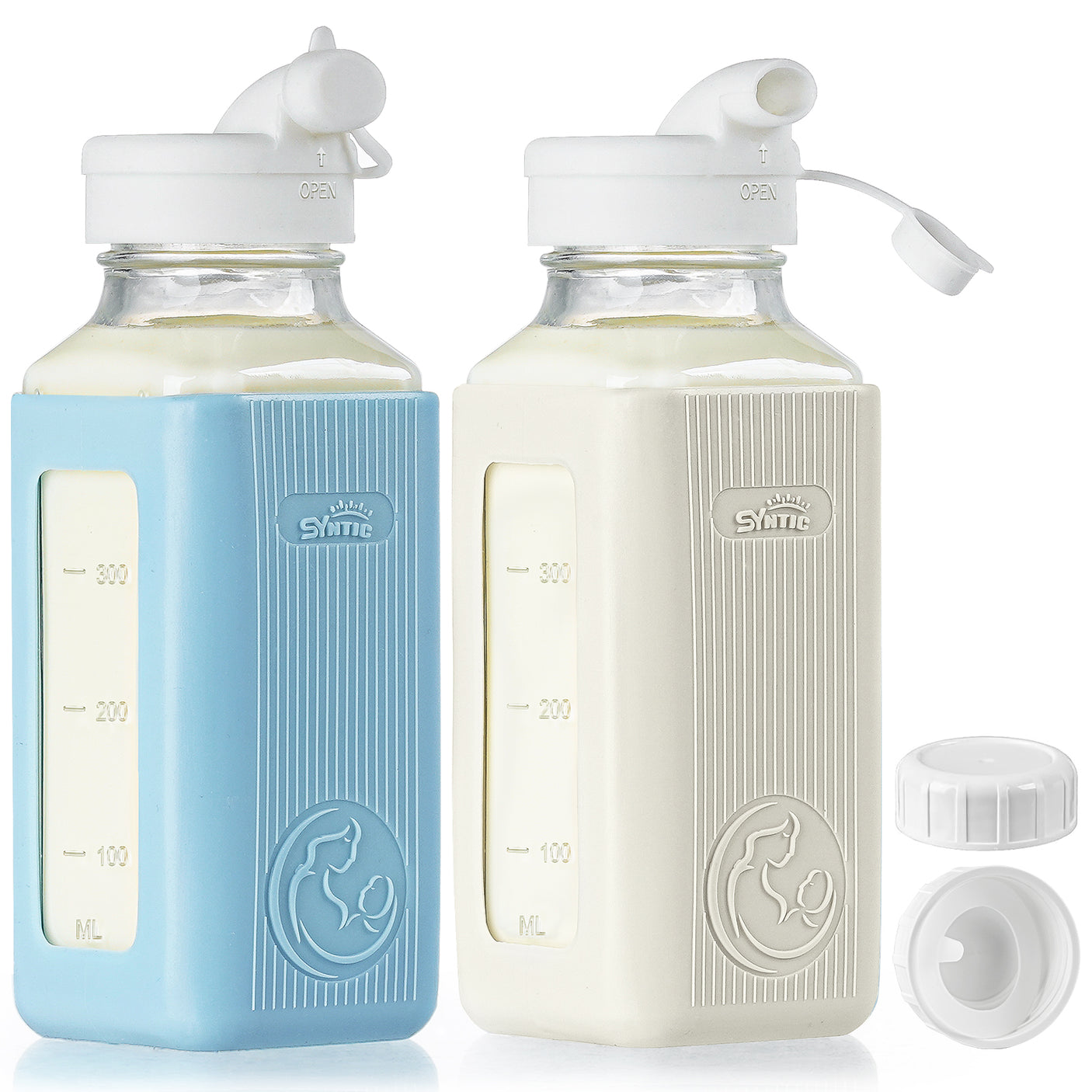 Syntic 2 Pc 16 Oz Day & Night Dual-use Glass Breastmilk Storage Bottle with Airtight Lids & 2 Pour Spouts