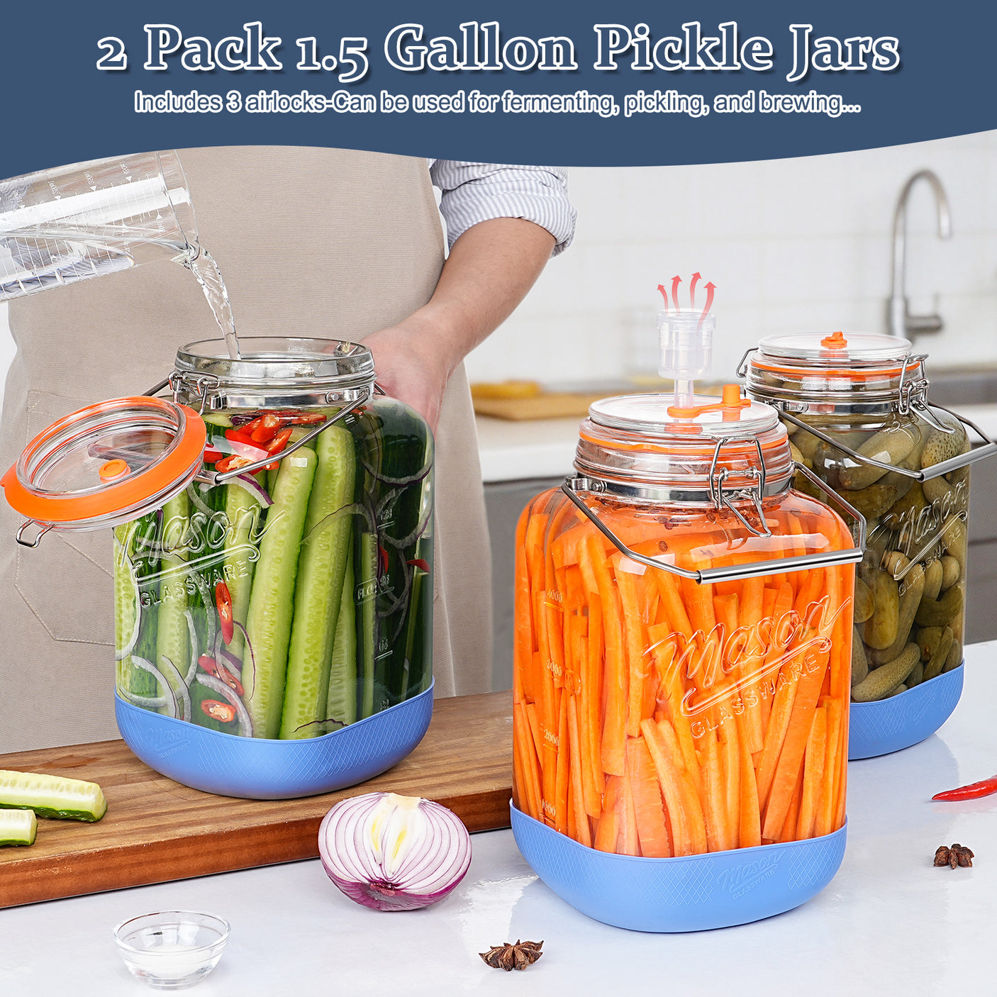 2 Pc 1.5 Gallon Fermentation Jar with Steel Handle, Silicone Anti-slip Cover, 3 Airlocks