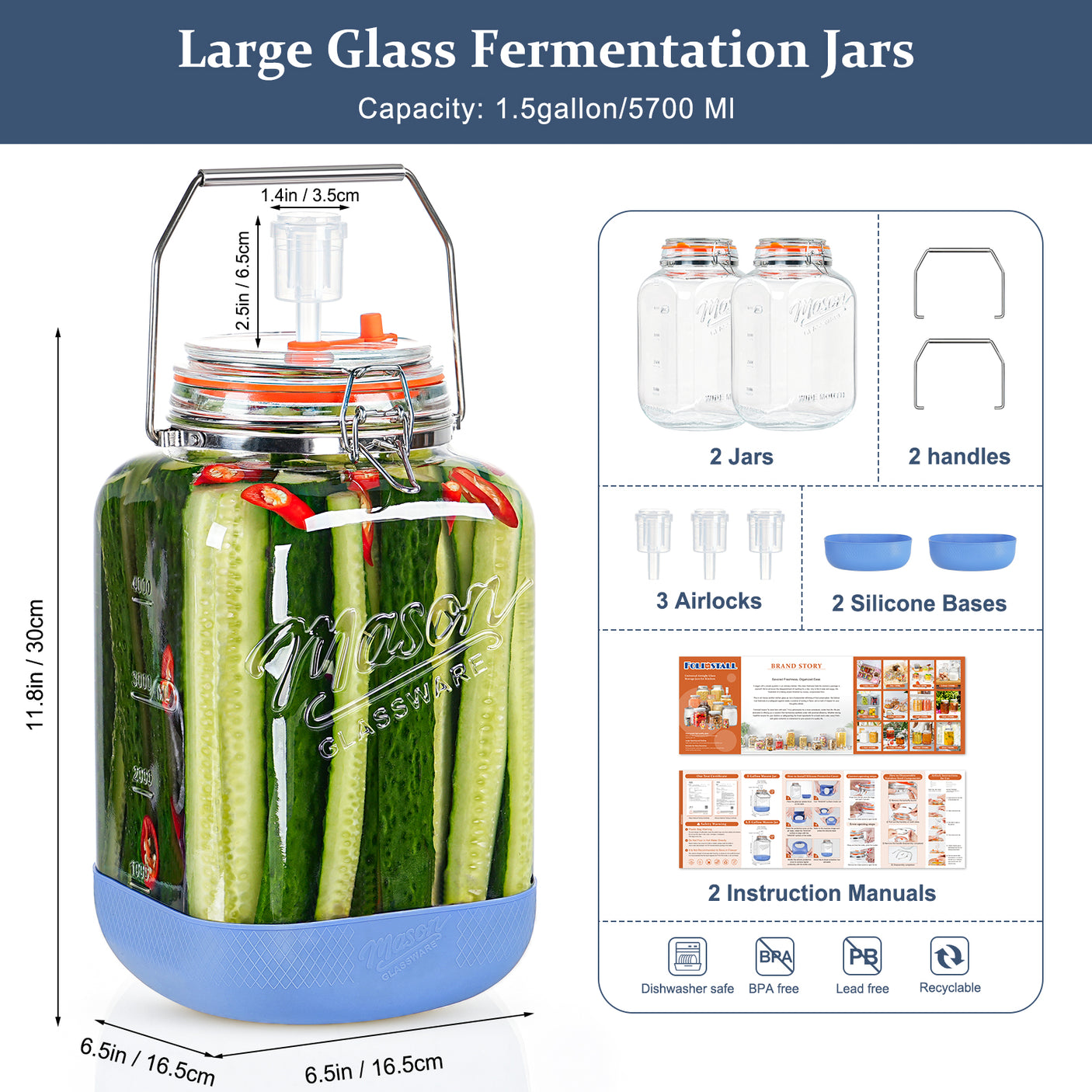 2 Pc 1.5 Gallon Fermentation Jar with Steel Handle, Silicone Anti-slip Cover, 3 Airlocks