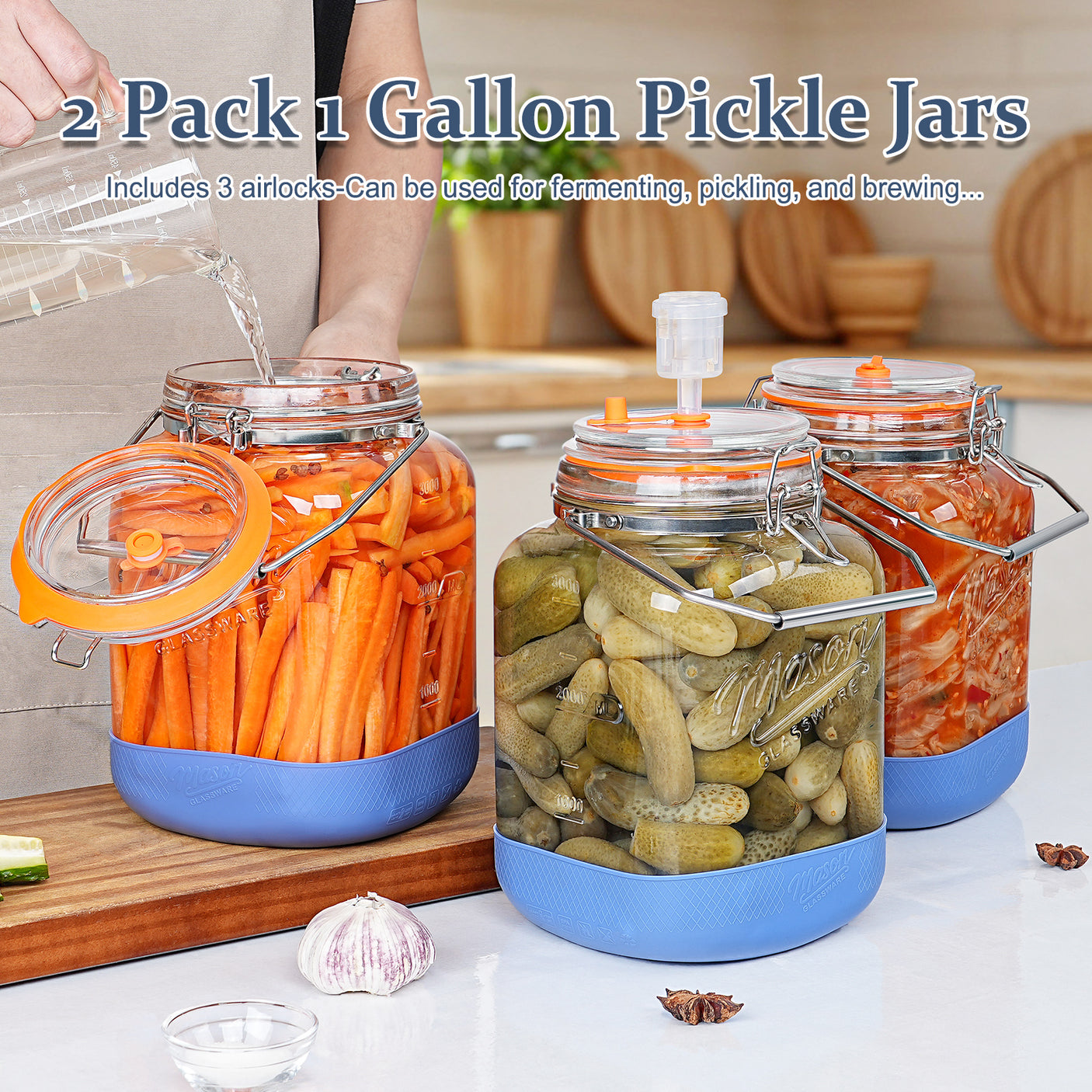 2 Pc 1 Gallon Fermentation Jar with Steel Handle, Silicone Anti-slip Cover, 3 Airlocks