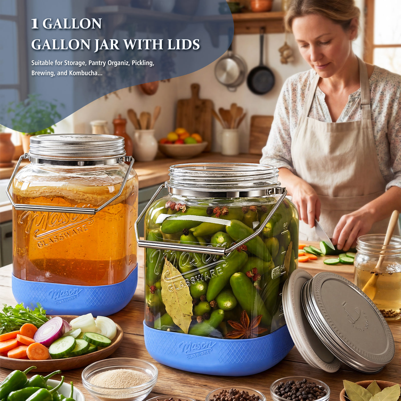 2 Pc 1 Gallon Glass Jar with Metal Screw Lid, Removable Handle & Silicone Cover