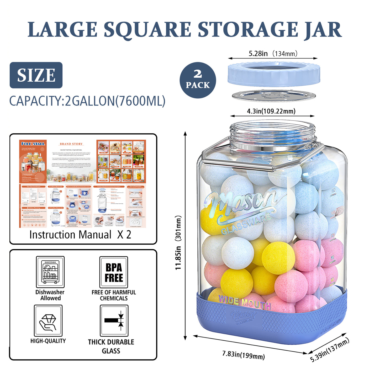 2 Pc 2 Gallon Storage Glass Jar with Tri-Layer Airtight Lid, Non-slip Silicone Sleeve & Removable Handle