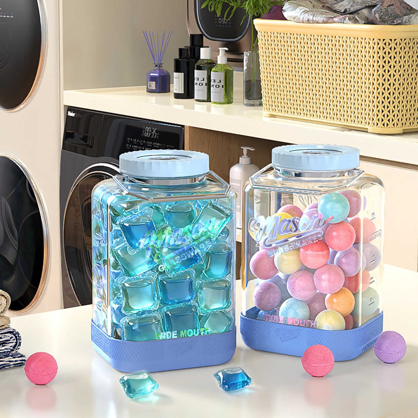 2 Pc 2 Gallon Storage Glass Jar with Tri-Layer Airtight Lid, Non-slip Silicone Sleeve & Removable Handle