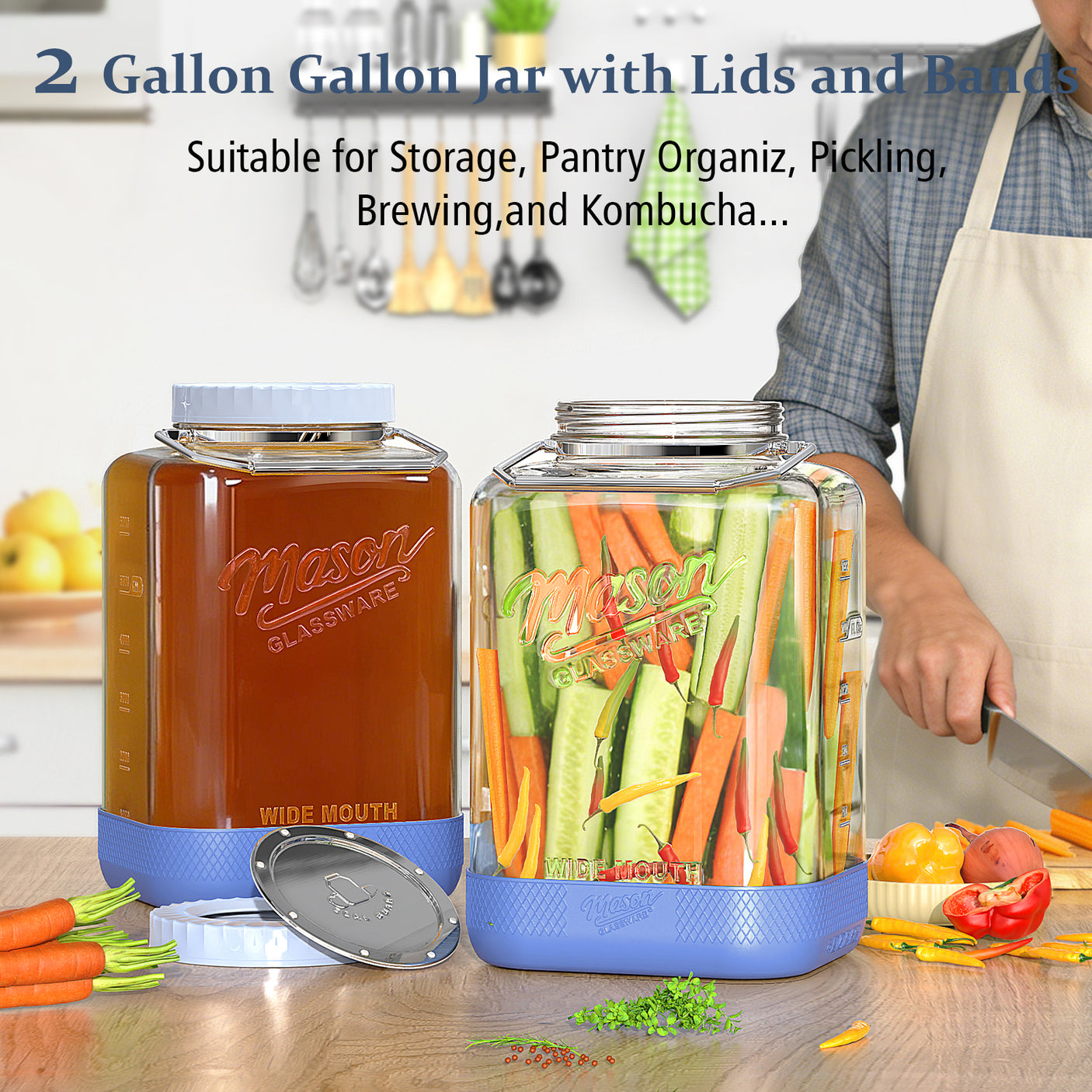 2 Pc 2 Gallon Storage Glass Jar with Tri-Layer Airtight Lid, Non-slip Silicone Sleeve & Removable Handle