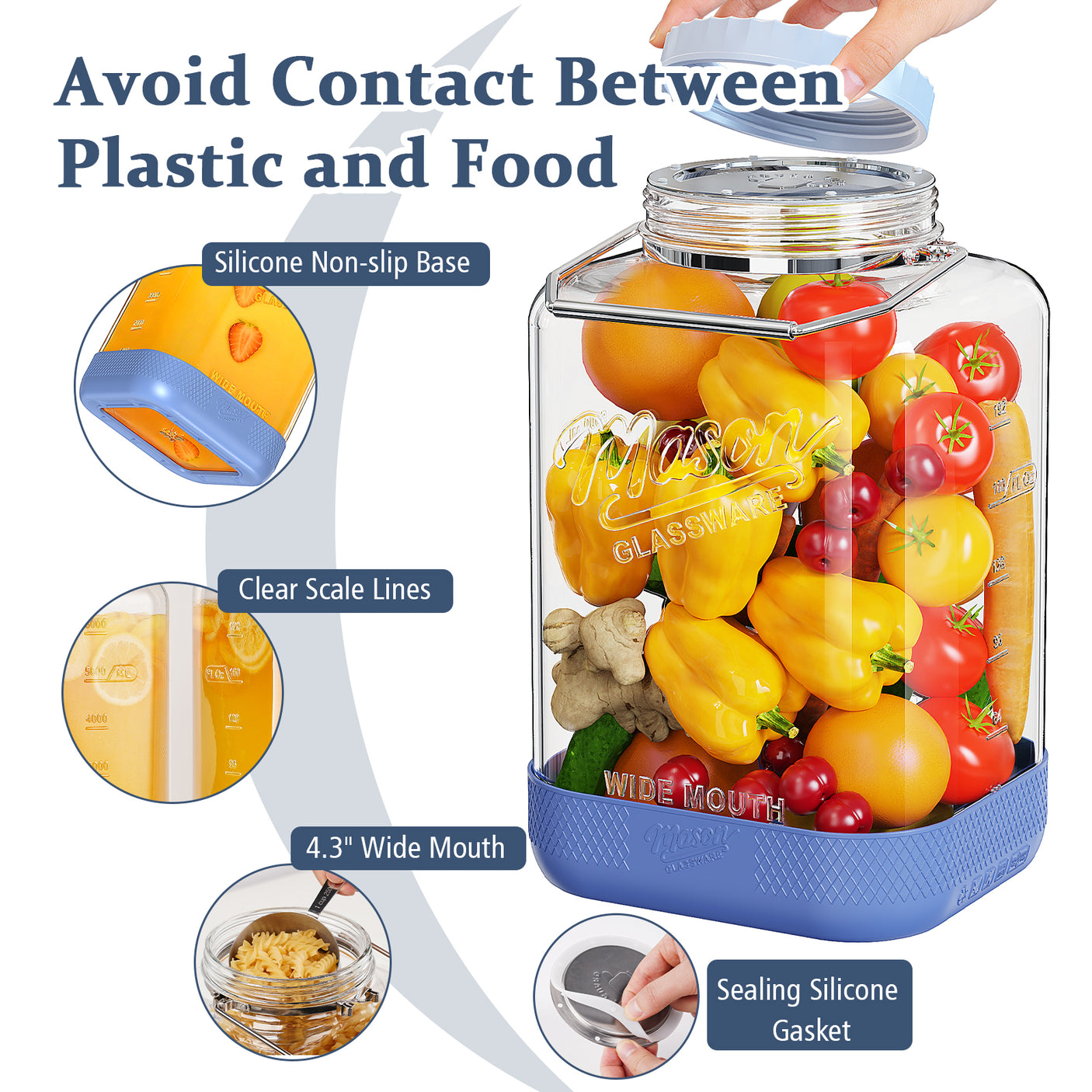 2 Pc 2 Gallon Storage Glass Jar with Tri-Layer Airtight Lid, Non-slip Silicone Sleeve & Removable Handle