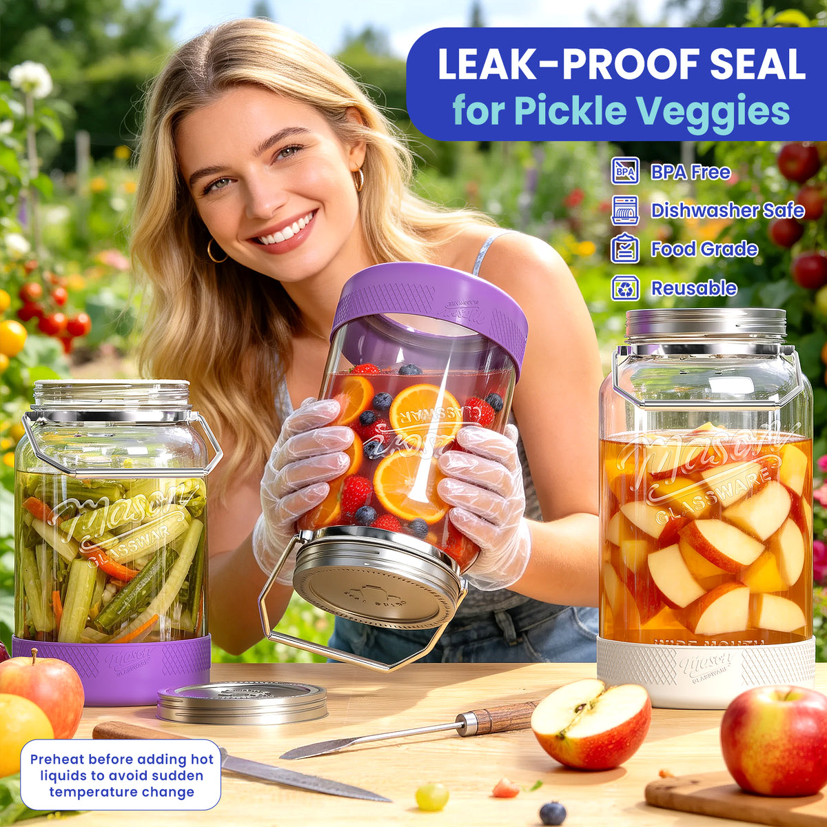 Syntic 2 Pc 1.5 Gallon Glass Jars with Airtight Metal Lid, Removable Handle & Silicone Sleeve