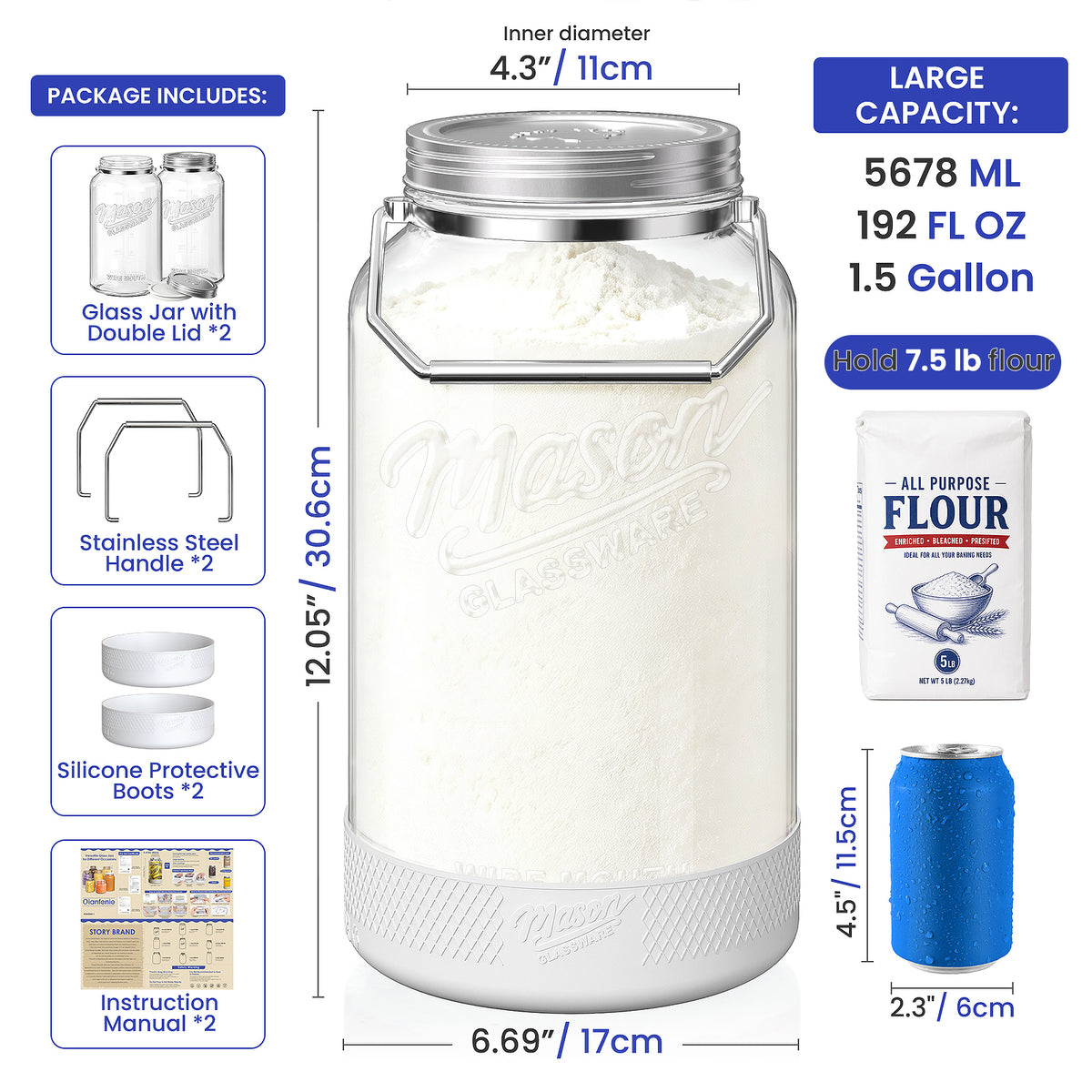 Syntic 2 Pc 1.5 Gallon Glass Jars with Airtight Metal Lid, Removable Handle & Silicone Sleeve