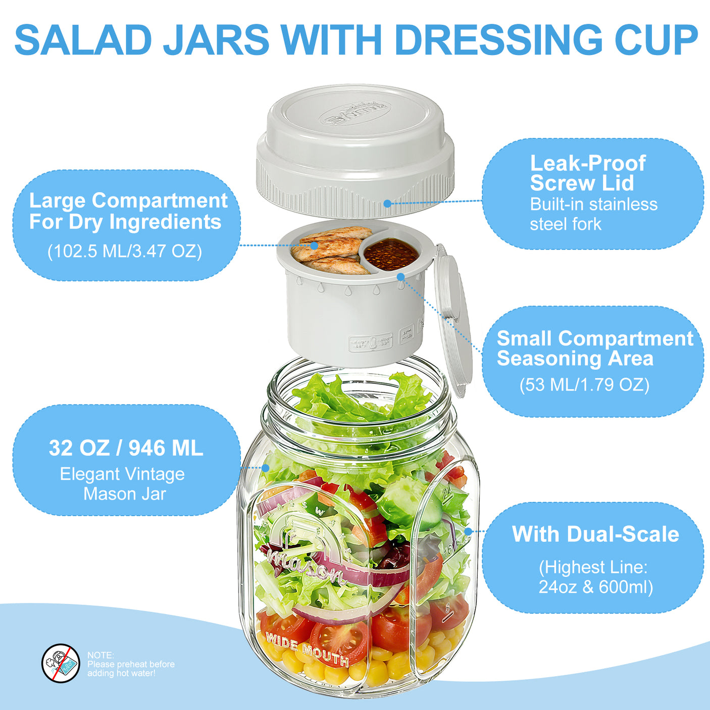 Syntic 32 Oz Customized Food Grade Salad Jar Set