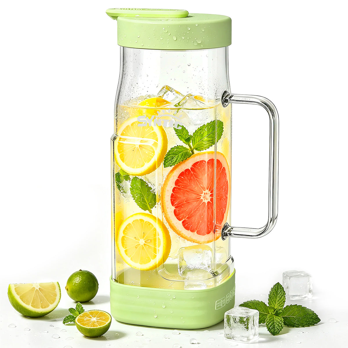 Syntic 2L Glass Pitcher with Glass Handle, Silicone Base & Dual-Pour Design Lid