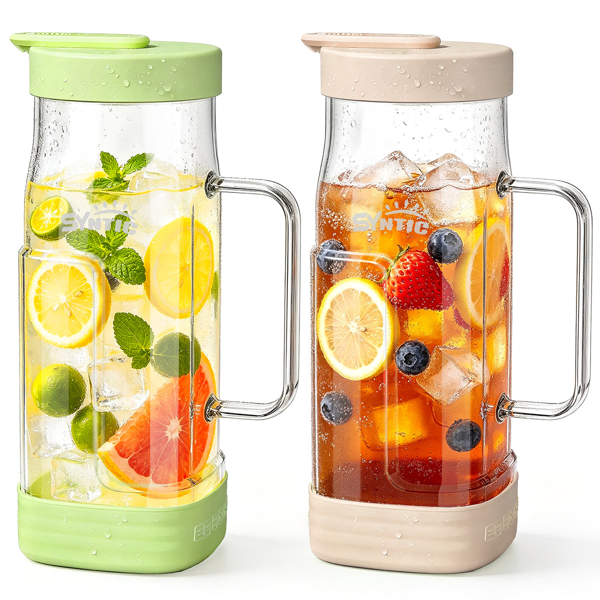 Syntic 2L Glass Pitcher with Glass Handle, Silicone Base & Dual-Pour Design Lid