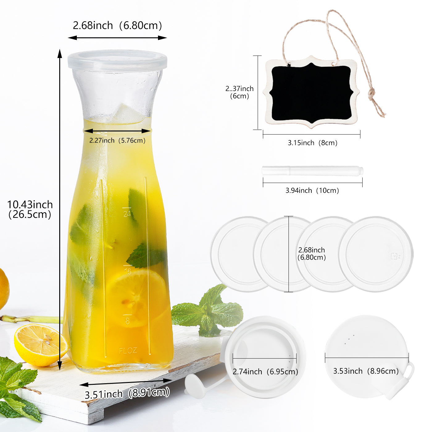 3 Pcs 35 Oz Square Glass Carafe with 4 Lids and 2 Silicone Pour Spouts