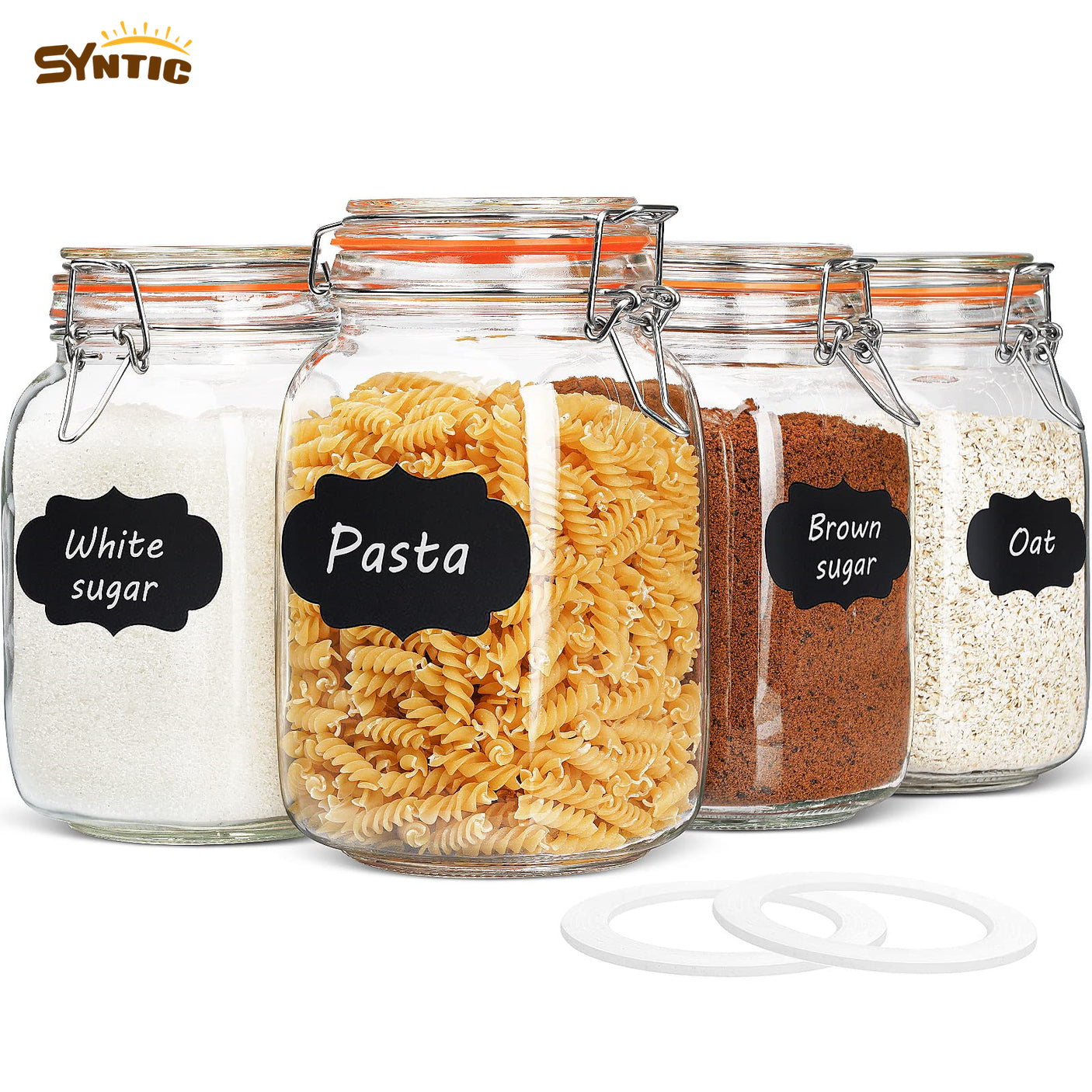 Syntic 4 Pcs 50 oz Glass Jar Containers with Airtight Lids&Labels for Household or Kitchen