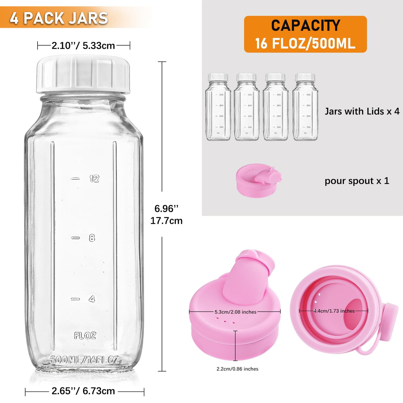 4 Pcs 16 oz Square Glass Bottle With Pour Spout