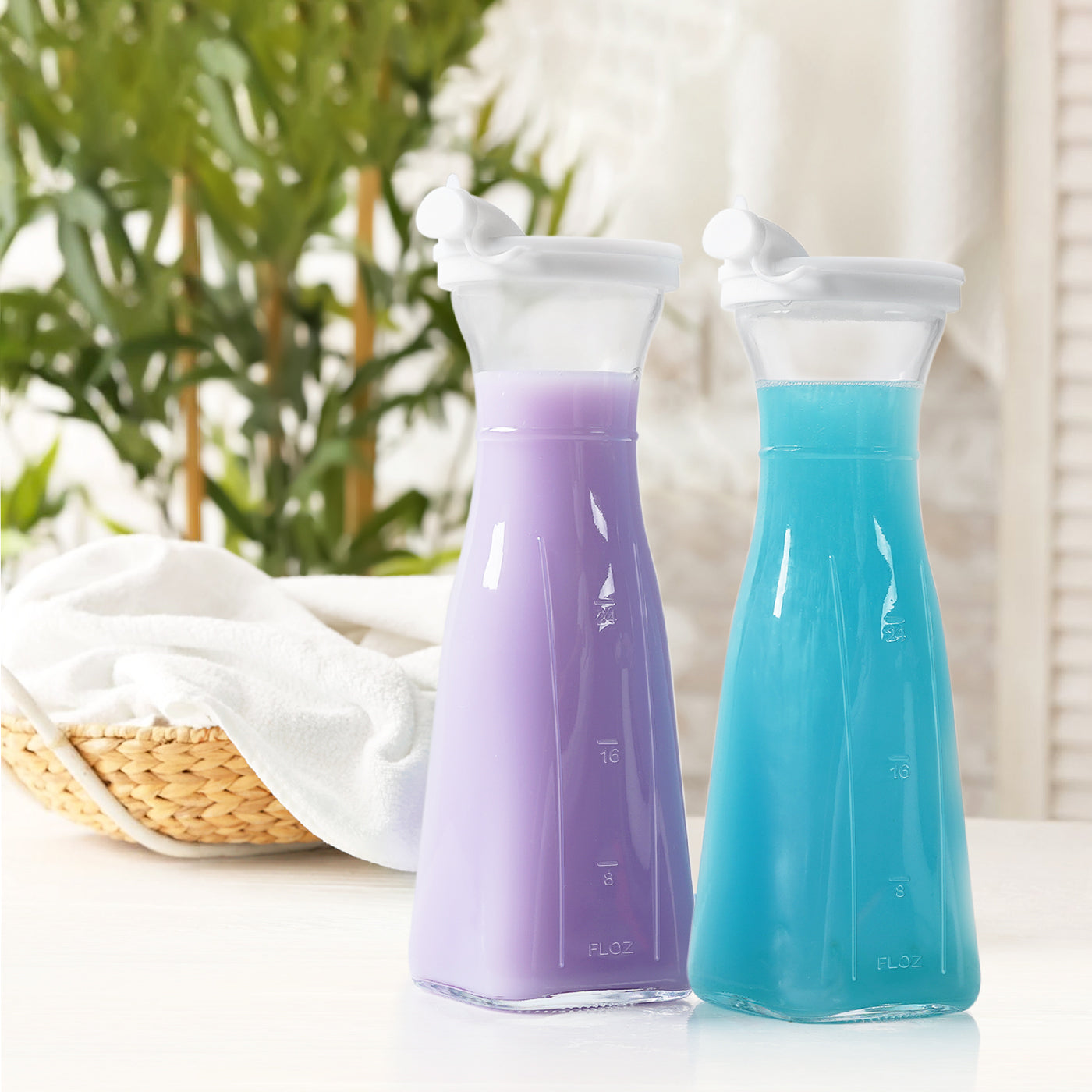 3 Pcs 35 Oz Square Glass Carafe with 4 Lids and 2 Silicone Pour Spouts