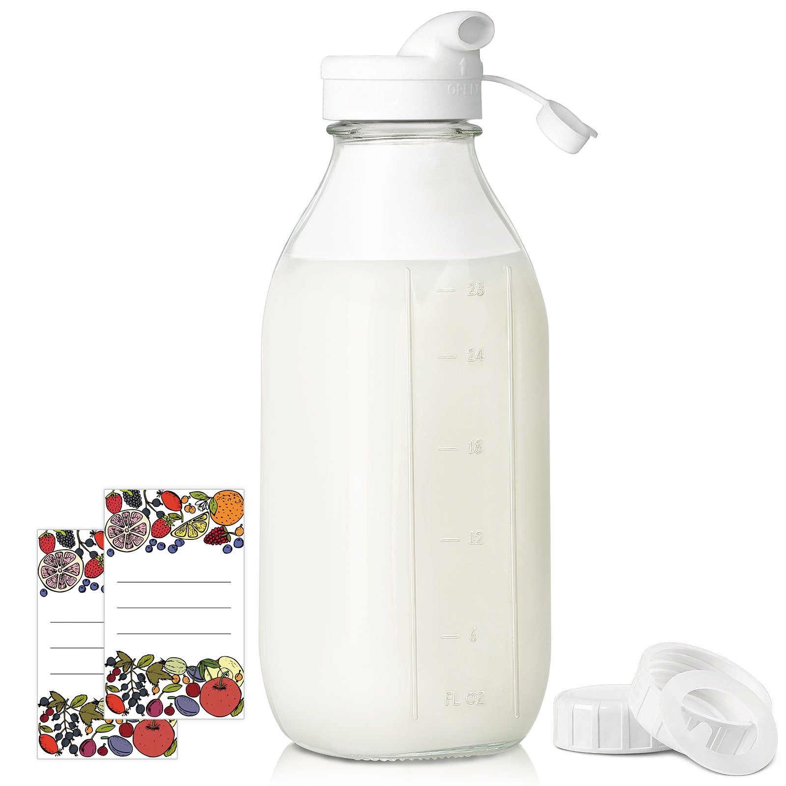 Syntic 32 Oz Reusable Glass Jars Milk Bottle With Lid and Pourer (Extra 1 Lid)