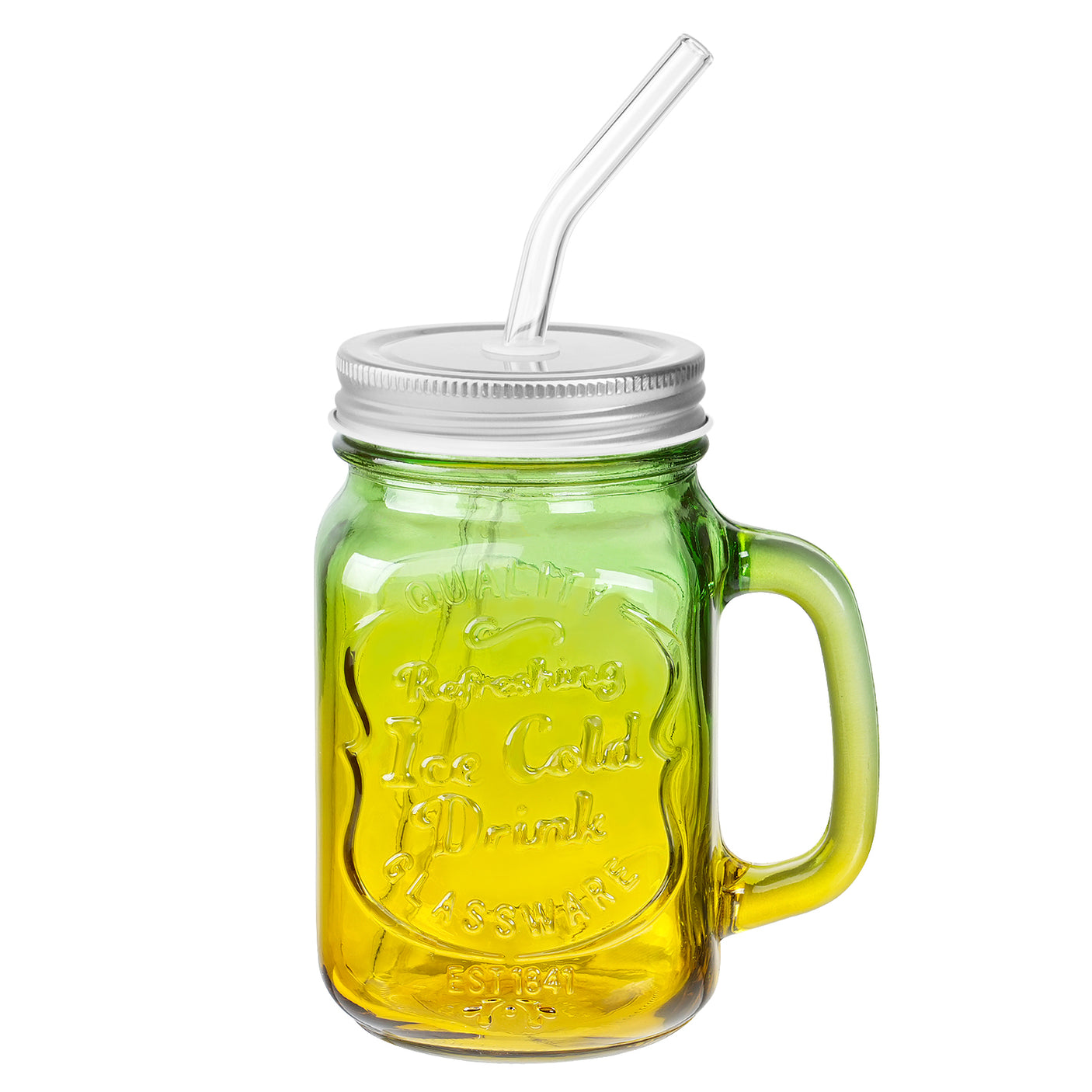 2 Pcs 16 Oz Colored Mason Jar with Glass Handle & Metal Screw Lid & Glass Straw