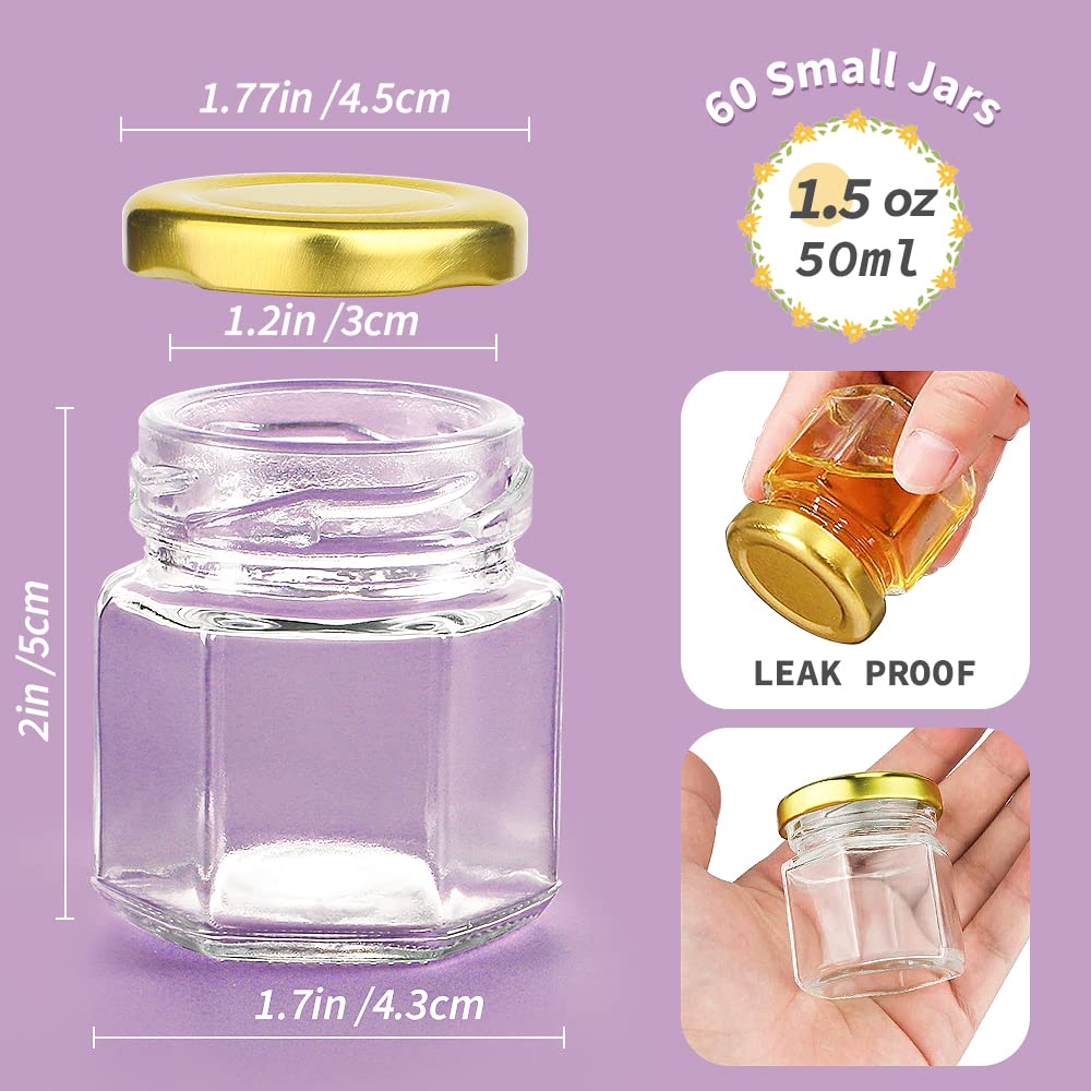 60 Pcs 1.5 oz Mini Glass Favor Jars with Airtight Lids