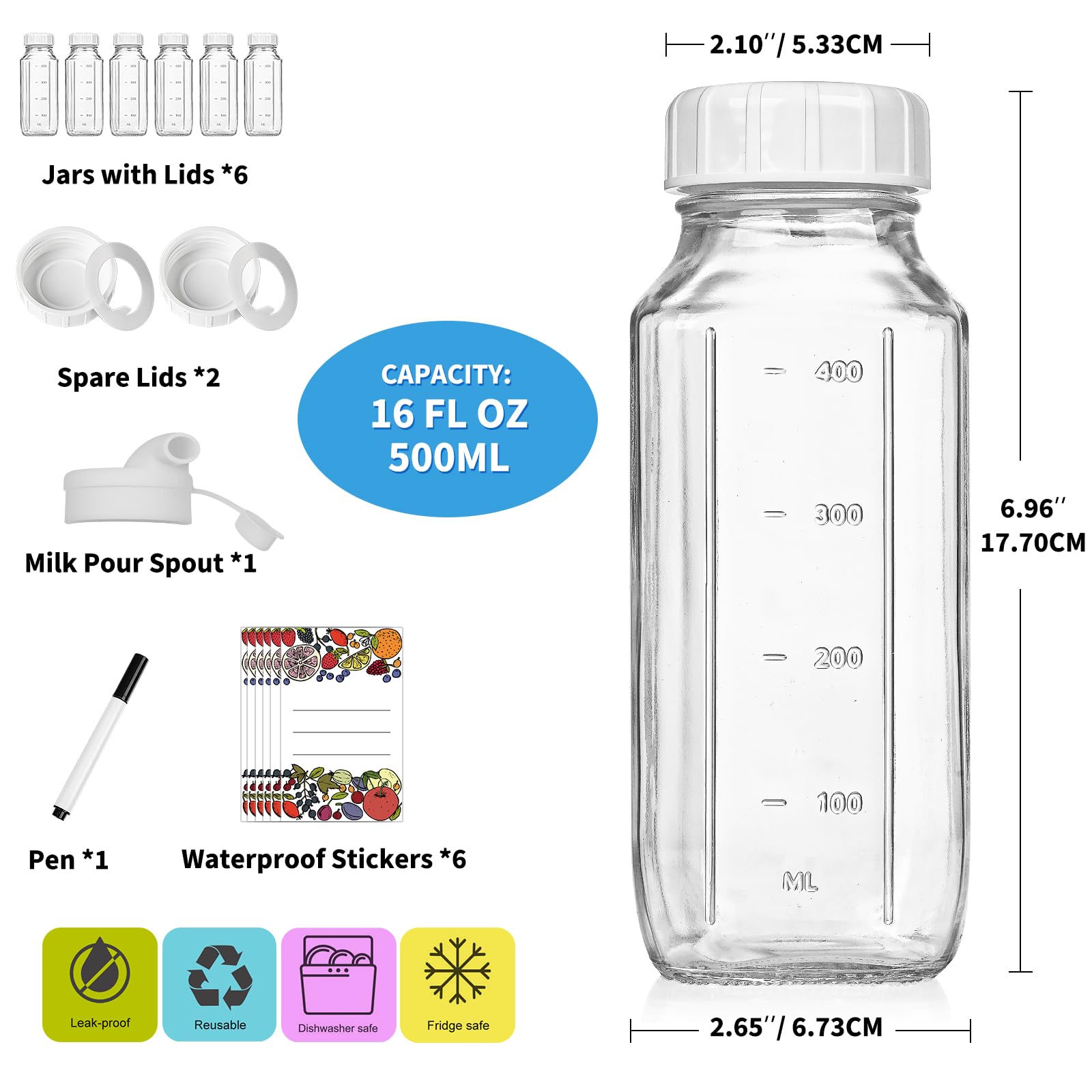 6 Pcs 16 Oz Glass Bottle & Jar With Capacity Mark and Airtight Spout, Lid