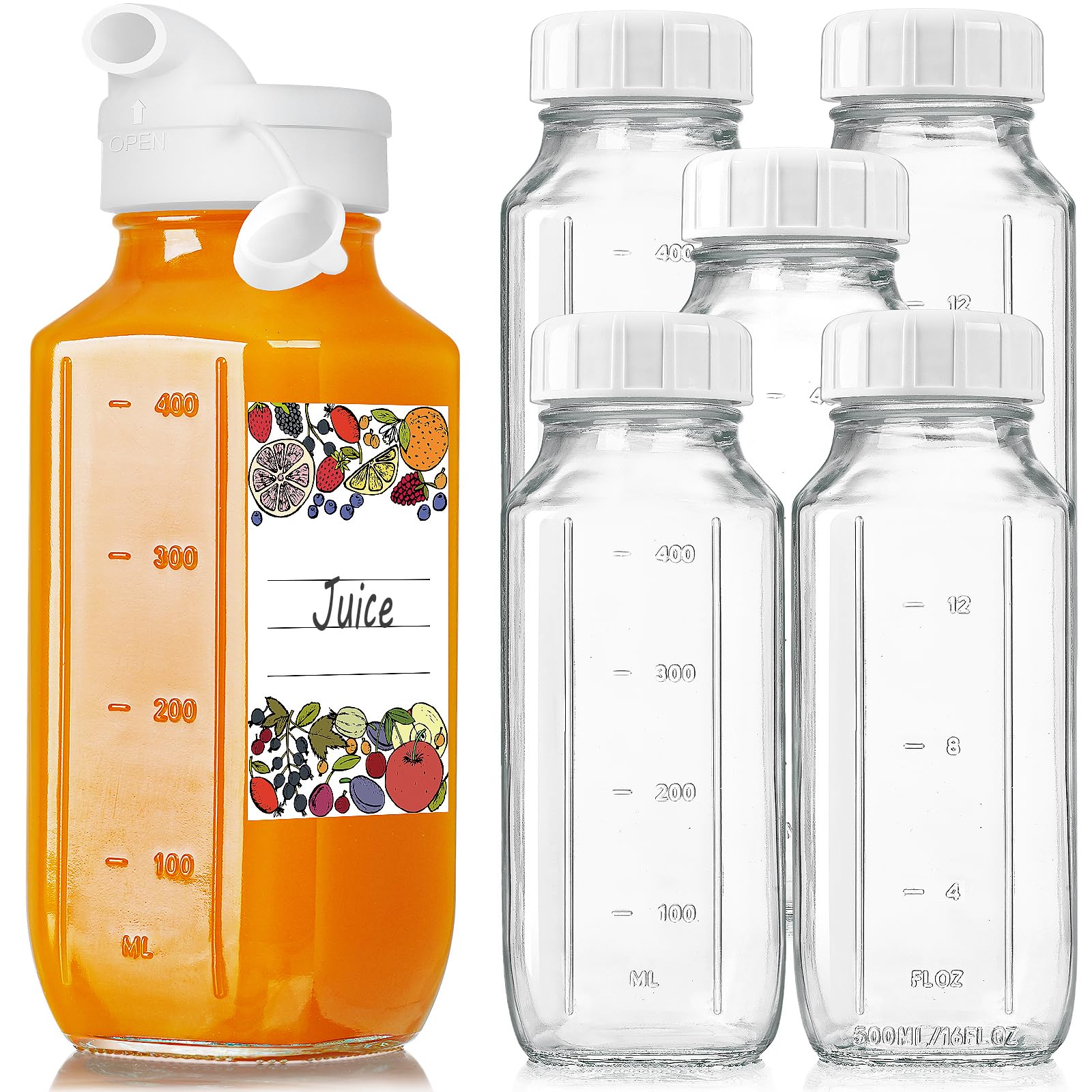 6 Pcs 16 Oz Glass Bottle & Jar With Capacity Mark and Airtight Spout, Lid