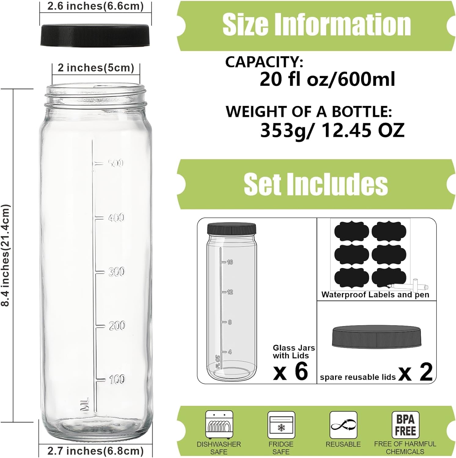 20 Oz Round Tall Glass Bottles with Black Airtight Screw Lid