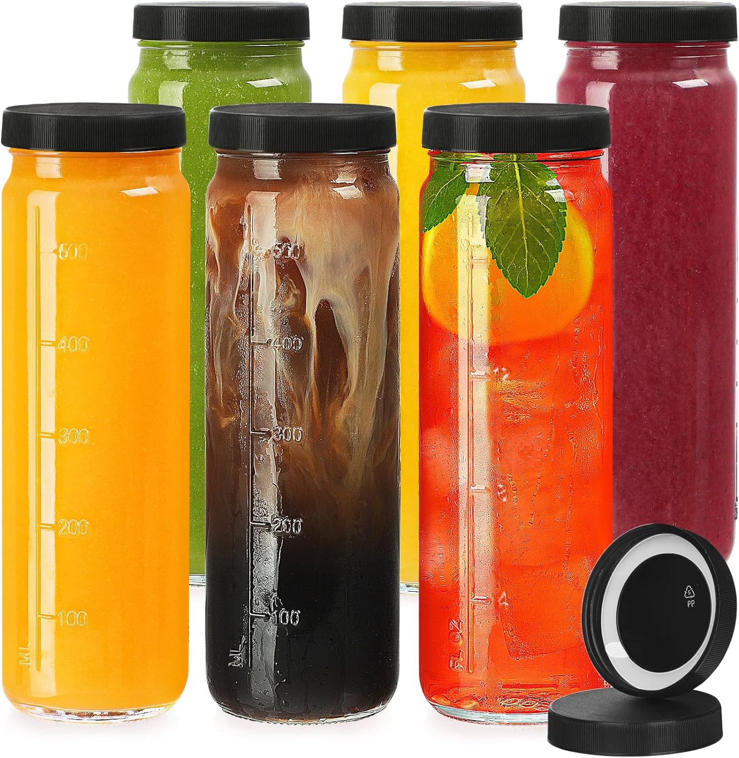 20 Oz Round Tall Glass Bottles with Black Airtight Screw Lid