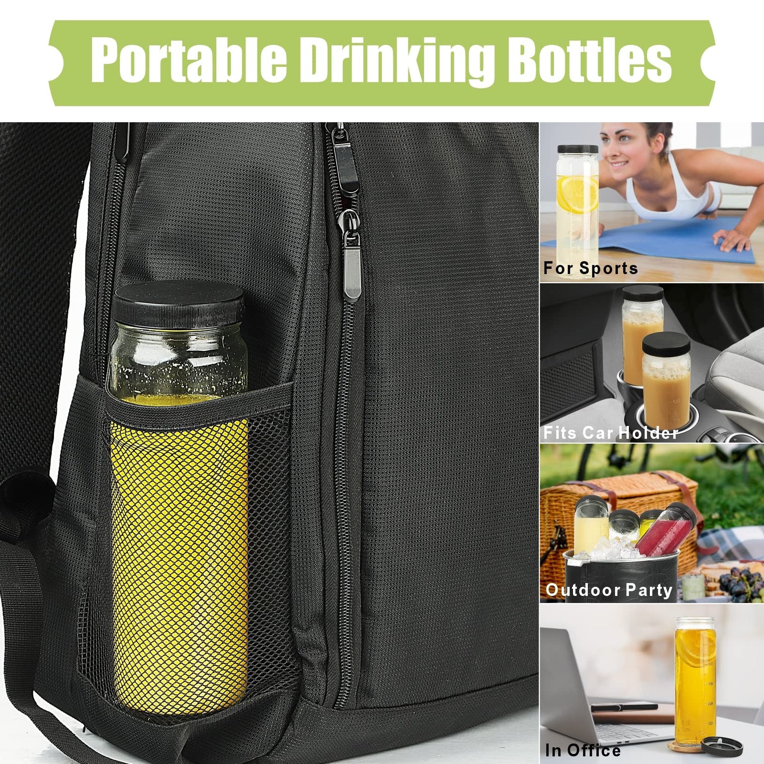 20 Oz Round Tall Glass Bottles with Black Airtight Screw Lid